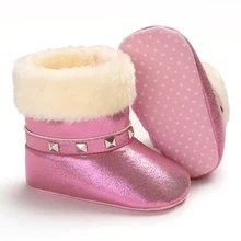Зимние теплые мягкие ботиночки для маленьких девочек; Плюшевые Нескользящие зимние ботинки для малышей; обувь из искусственной кожи на плоской подошве; милая Нескользящая детская обувь