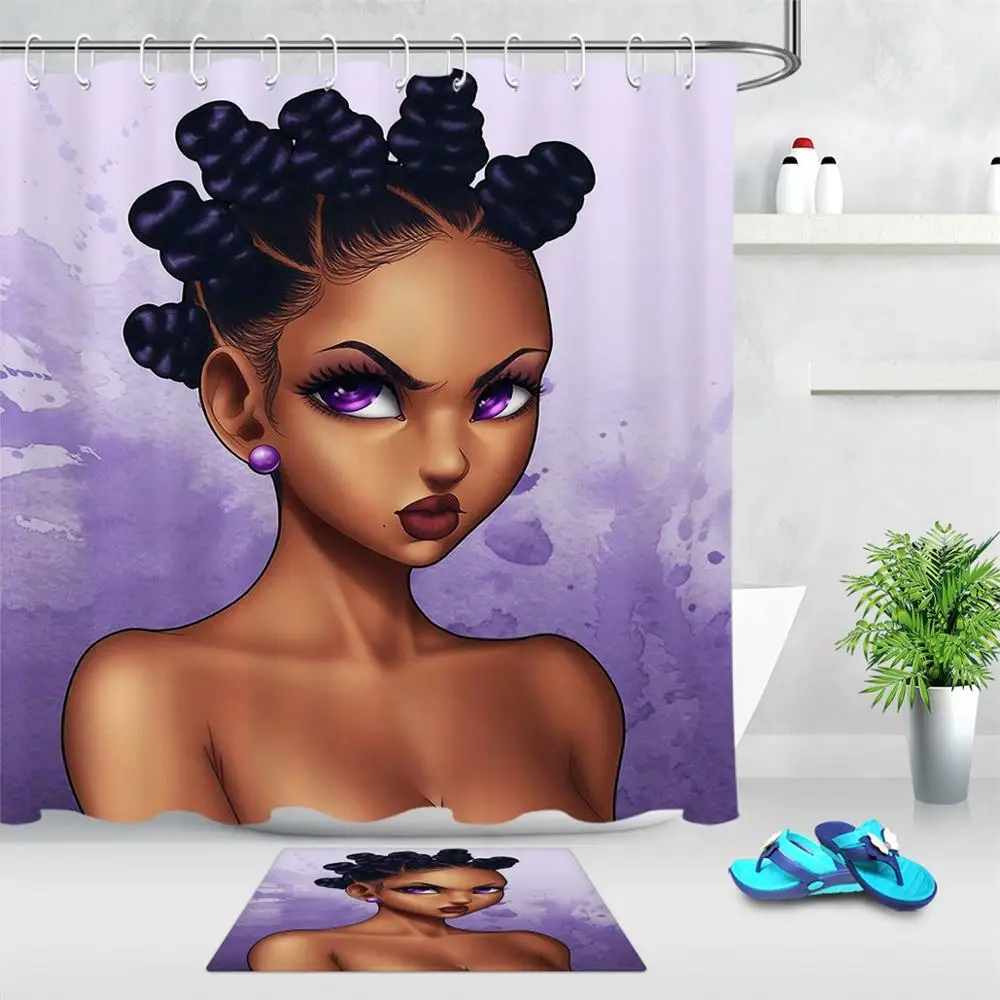 African Afro Woman Decoration Shower Curtain Polyester Fabric 3D Digital Printing 72x72 Mildew Resistant Waterproof Aquamarine Blue Listen Music Girl Headphone Bathroom Bath Curtains 