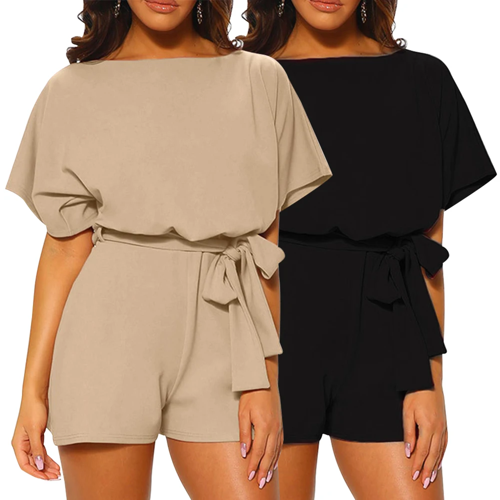 Women Jumpsuit Loose Office Solid Crew Neck Lace Up Elegant Daily Short Sleeve Shopping High Waist Casual Dating Summer