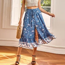 

Indie Folk Floral Pleated Skirts with Bandage Summer Women Split Ruffles Ankle-Length Skirt All-Match Casual Cute New Streetwear
