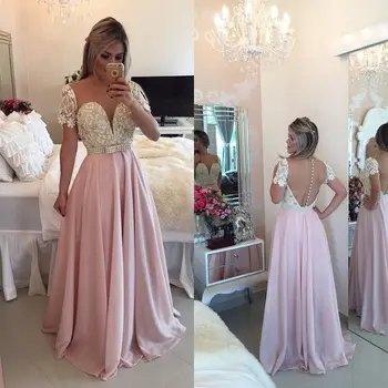 

Robe longue Soiree Cap Sleeve Pearl Beaded Lace Evening gown 2018 Backless Formal Vestido de Festa mother of the bride dresses