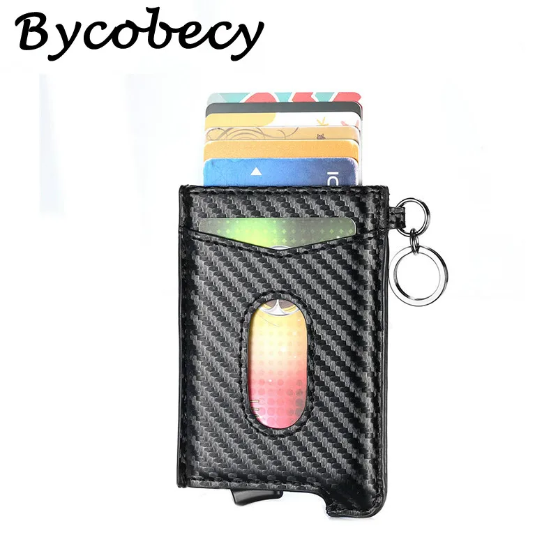 Bycobecy углеродное волокно RFID кредитный держатель для карт Anit-theft кошелек карта для мужчин и женщин авто всплывающий Чехол для карт кожаный держатель для ID
