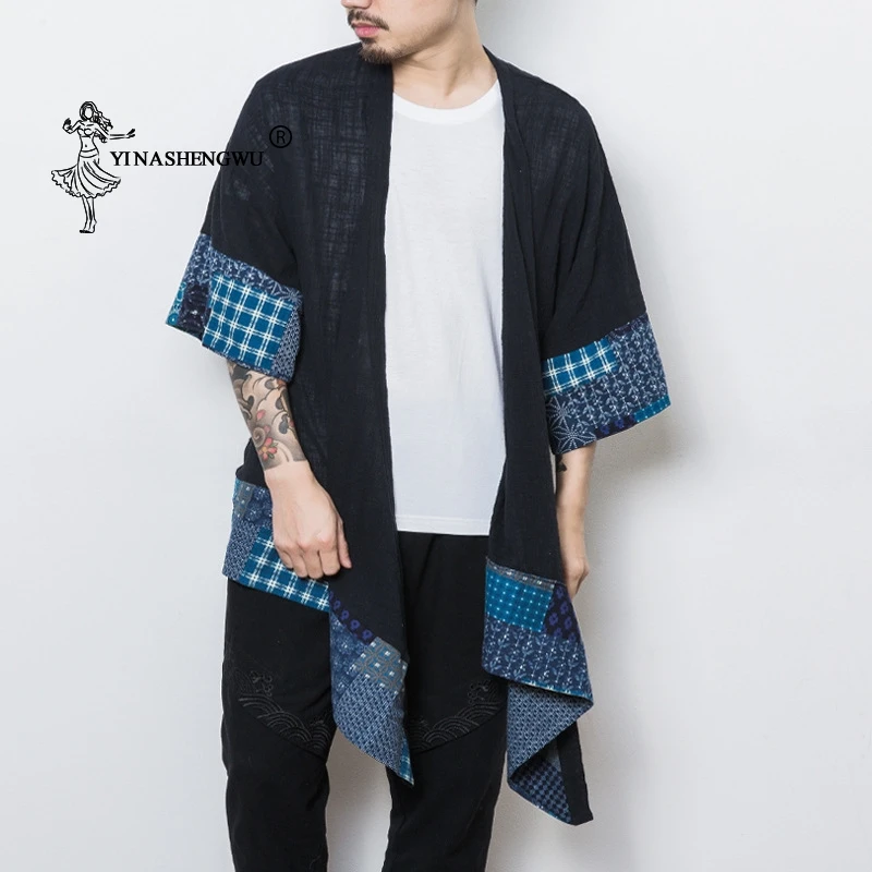 Print Shirt Long Coat Japanese Kimono Cardigan Men Yukata Male Long