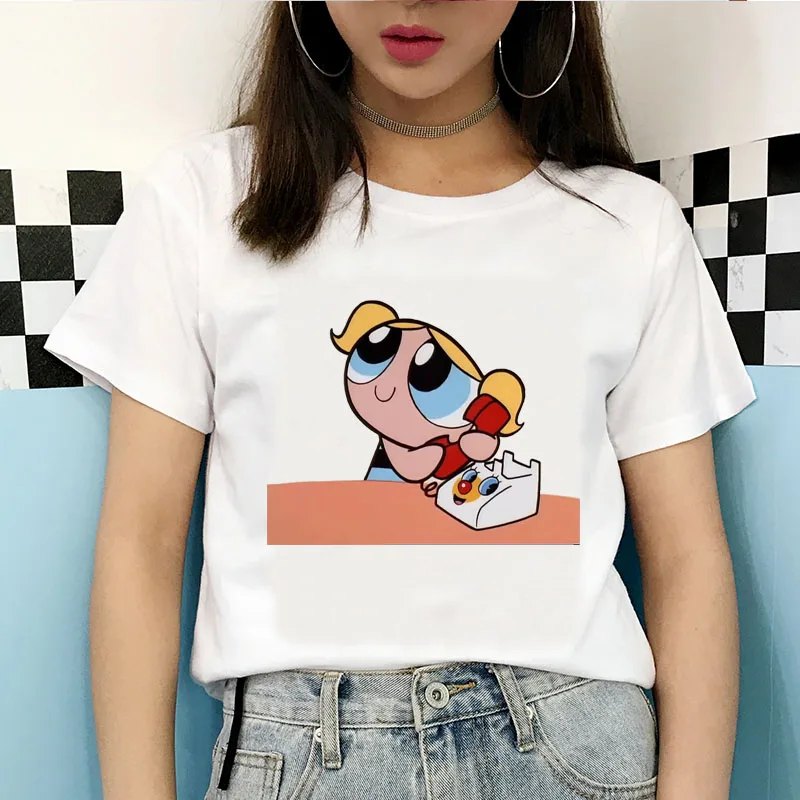2020 New Summer Kawaii White Tops Powerpuff T Shirt Girls Harajuku Funny Cartoon Printed Cute T-shirts Women's Fashion Clothing