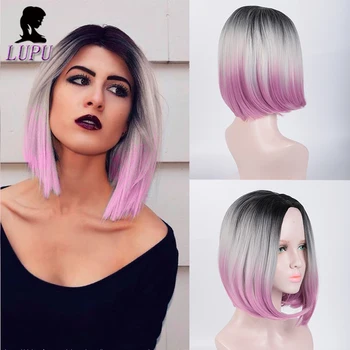 

LUPU Short Straight Middle Part Bob Wigs Ombre Pink Gray Black Colors Natural Hair Synthetic Heat Resistant For Women