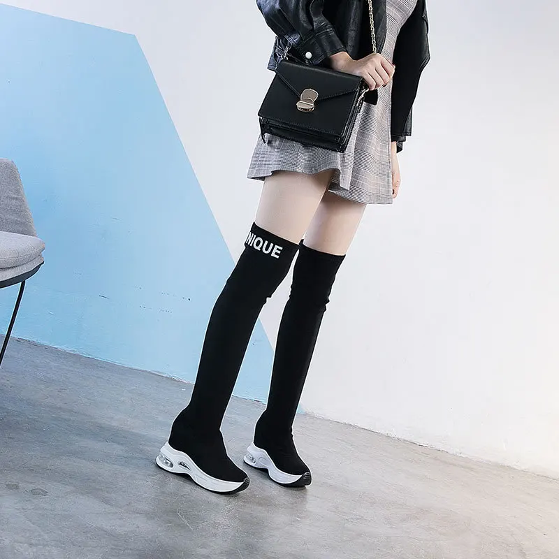 

Stretch cloth over knee boots thickened bottom slope with air cushion women shoes autumn winter casual alphabet boots