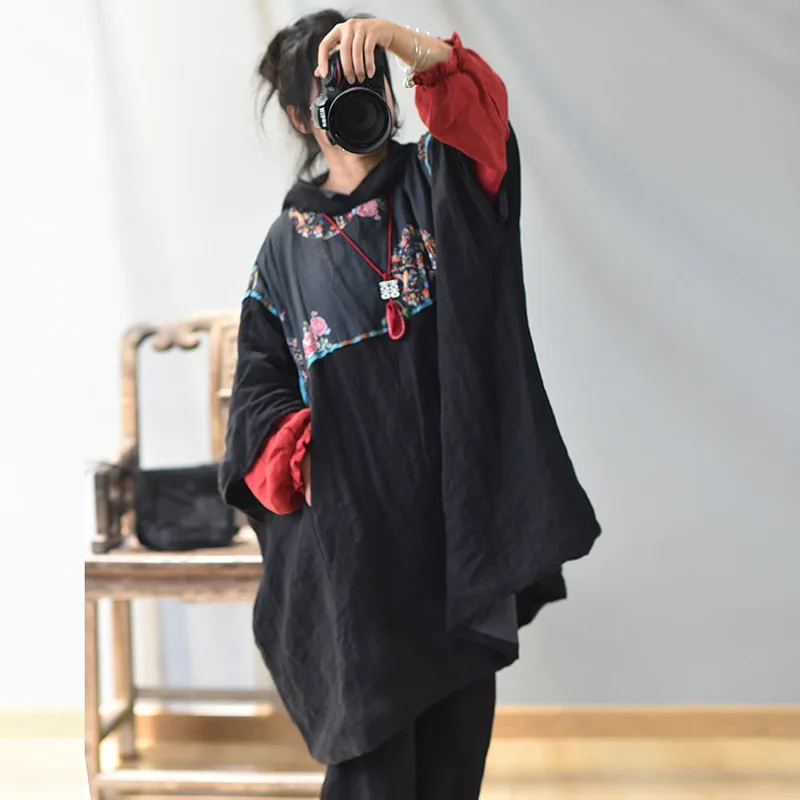 

Women Blouse Cotton Linen Plus Size Loose Thin 2020 Spring Summer Hooded Long Shirt Half Sleeve Floral Vintage Fashion Women Top