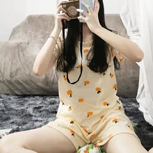 Cute Orange Fruit Print Summer Pajamas Set For Women Girls Long Sleeve Loose Casual Sleepwear T-Shirts and Shorts Pjs Homewear