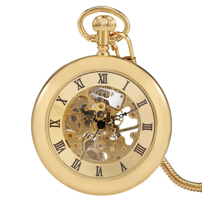 Luxury Yellow Golden Skeleton Display Men Women Handwind Mechanical Pocket Watch Open Face Roman Numeral FOB Chain