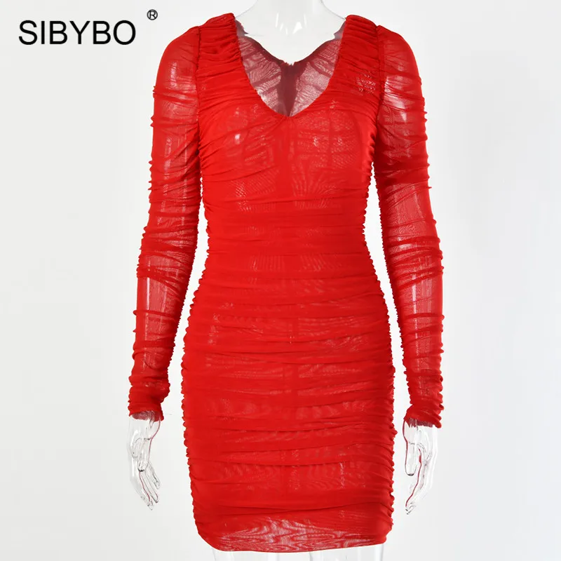 Красный SIBYBO, весеннее Плиссированное сексуальное облегающее платье с двойной сеткой, модное летнее Мини-платье с длинным рукавом и v-образным вырезом, однотонные Клубные вечерние женские платья - Цвет: Красный