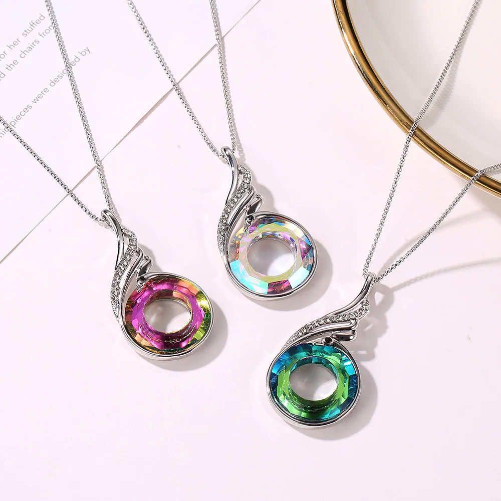 

Ethnic Fancy Stone Crystal Necklaces Pendant Cosmic Circle Austrian Crystals For Women Gold Silver Color Simple Peacock Jewelry