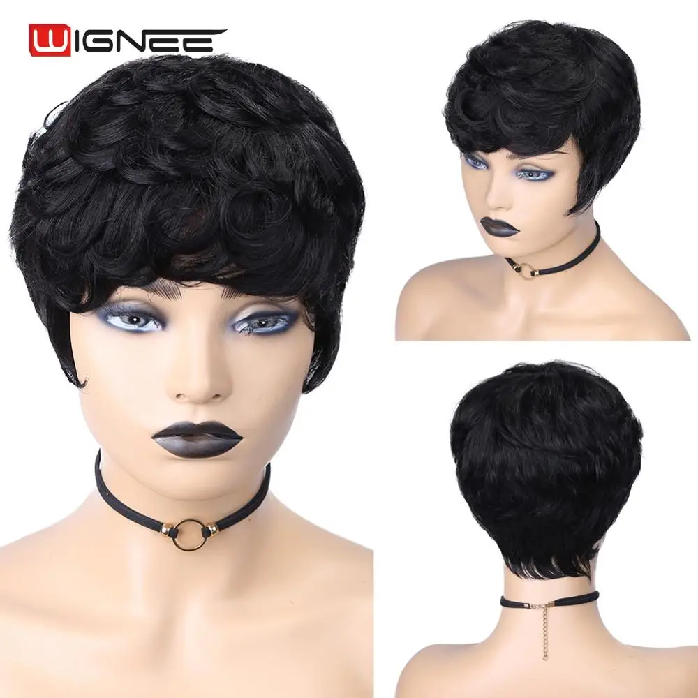 Парики Wignee из коротких вьющихся человеческих волос с бесплатной челкой для
