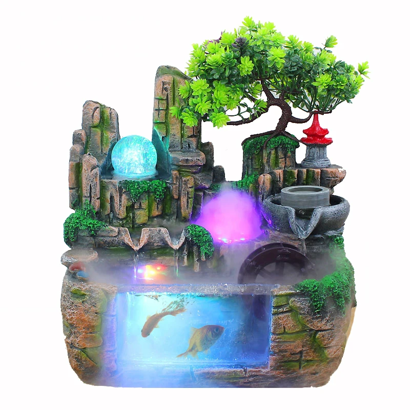 Indoor LED Atomization Aquarium LED Crystal Ball Rockery Waterfall Water Fountain Home Garden Decor Micro Landscape Resin Crafts