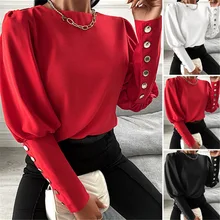 

2021 New Loose Casual Light Button Cage Sleeves Solid Color Round Neck Shirt