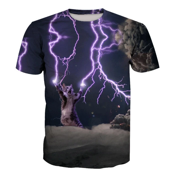 New purple lightning cat European and American trend digital printing short  sleeve T shirt men|T-Shirts| - AliExpress