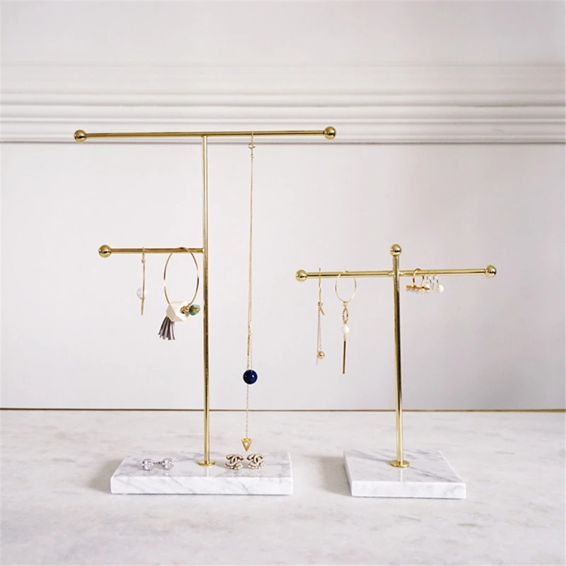 

Nordic Metal Golden Storage Rack with Marble Base Chic Ins Modern Jewelry Ring Necklace Earring Display Rack Holder Desk Decor