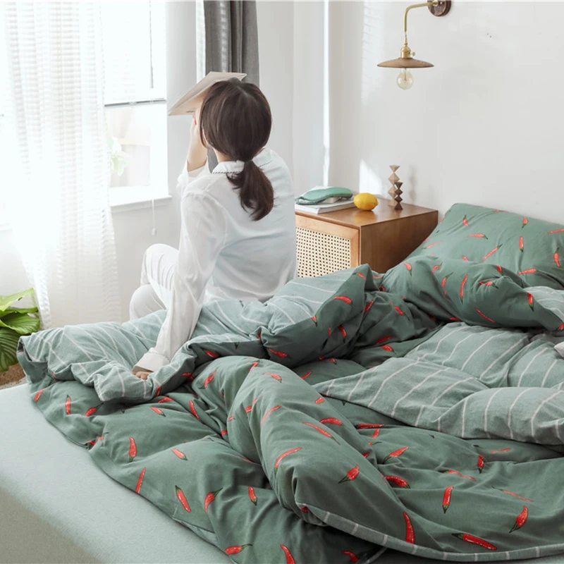 Little Fresh Style Printing Bed Set Pure Cotton 4pcs Duvet Cover Sheet Pillowcases Pepper Orange Cactus Carrot | Дом и сад