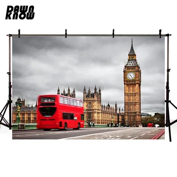 

DAWNKNOW Red Bus Photography Background Clock Tower Street View Photographic Backdrops Wedding Children Photocall lv1449