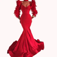 Длинные вечерние платья без рукавов с длинными рукавами из красного атласа с рисунком русалки с перьями Выпускные платья vestiti eleganti donna cerimonia sera