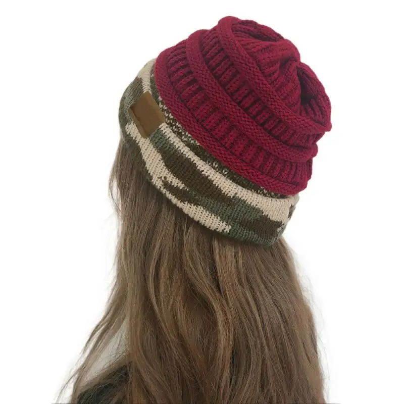 New Fashion Woman Winter Warm Hat Knit Thick Camouflage Stitching Hat Cashmere Beanies Unisex Accessories Cap