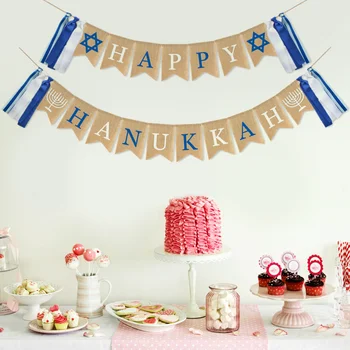 

Creative Happy Hanukkah Party Banner Tassel Linen Swallowtail Pull Flag Party Supplies