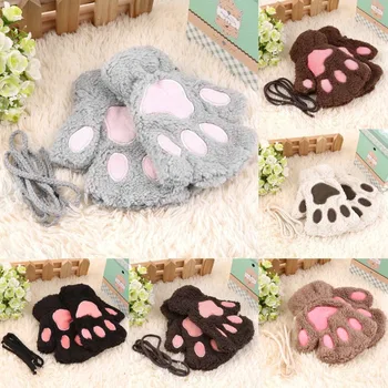

Winter Warmth Half Finger Fingerless Gloves Super Lovely Plush Gloves Women Bear Cat Animal Claw Mitten Girls Half Cover Gloves