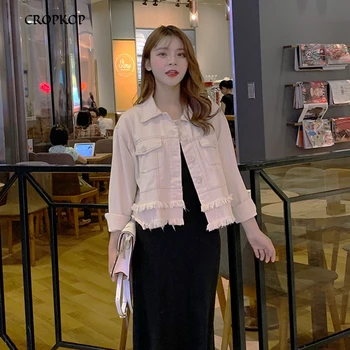 

Fashion Korean White Denim Jacket Tassel Women Loose Short Coat Long Sleeve Tops Autumn Female Casual Simple Outerwear Chic 2019