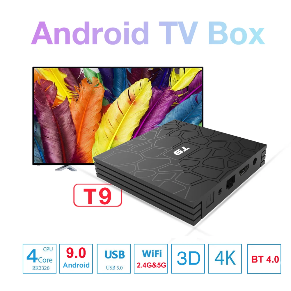 T9 ТВ коробка Android 9,0 4 Гб ОЗУ 64 Гб ПЗУ RK3318 Четырехъядерный 4K H.265 2,4G+ 5G двойной Wi-Fi Bluetooth 4,0 T9 HD Смарт медиаплеер