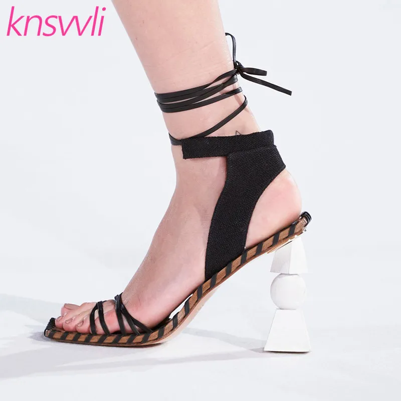 

Strange Style High Heel Sandals Women Runway Ankle Cross Tied Sandalias Mujer Leather Narrow Band Designer Shoes Woman Pumps