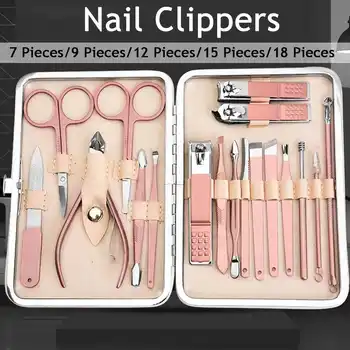 

18pcs/set Rose Gold Nail Clipper Set Professional Stainless Steel Nail Scissors Clipper Tweezer Tools Family Foot Hand Care Set