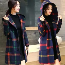 Для женщин сетки с капюшоном пальто с длинным рукавом Slim Fit шерстяное пальто ветрозащитная теплая верхняя одежда JS24