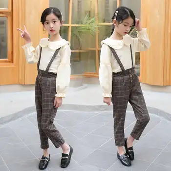 

2019 Spring Fall Girls Casual Bib Pants Suit Korean Children Kids Long Sleeve T-shirt + Plaid Suspender Pants 2 Pcs Suit