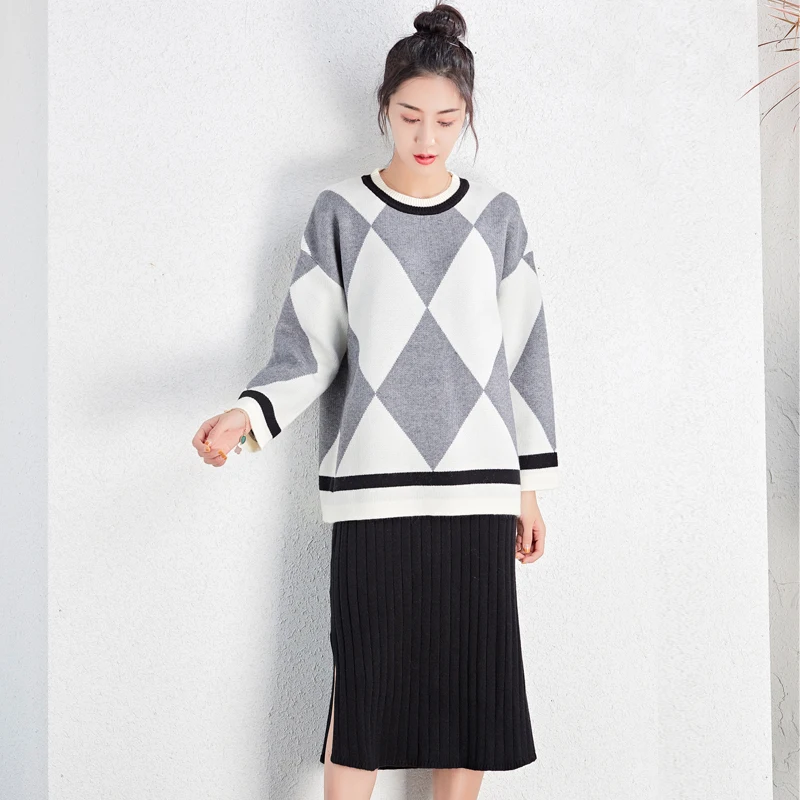 light grey DMLFZMY зима круглый вырез Хеджирование цвет соответствия контрастный костюм мода Свободный корейский длинный Двухсекционный свитер женский 561 - Цвет: light grey