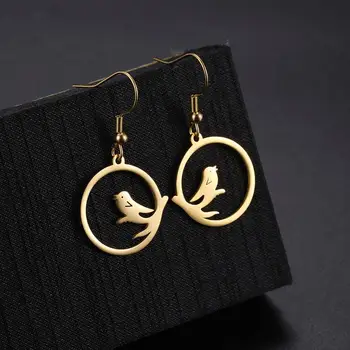 

My Shape Earrings for Women Birdie Flying Animal Hoop Earrings Stainless Steel Gold Color Round Pendant Jewelry Earring Gift