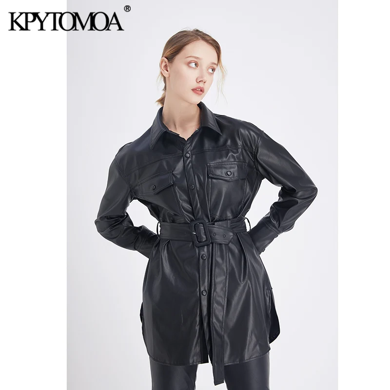 Куртка KPYTOMOA женская из искусственной кожи с поясом модный винтажный пиджак длинными рукавами карманами и