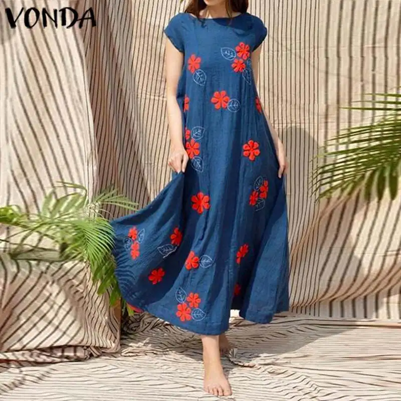 Платье макси в горошек, длинное, женское, летнее, VONDA, Брендовое, с круглым вырезом, с коротким рукавом, свободное платье вечерние платья