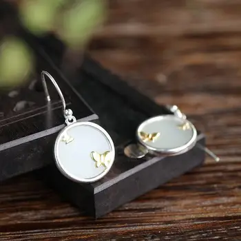 

S925 sterling silver golden butterfly inlaid Hetian jade retro all-match intellectual lady earring jewelry