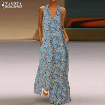 

ZANZEA 2020 Bohemian Maxi Dress Women's Summer Sundress Sexy V Neck Sleeveless Print Long Vestido Female Sarafans Robe Plus Size