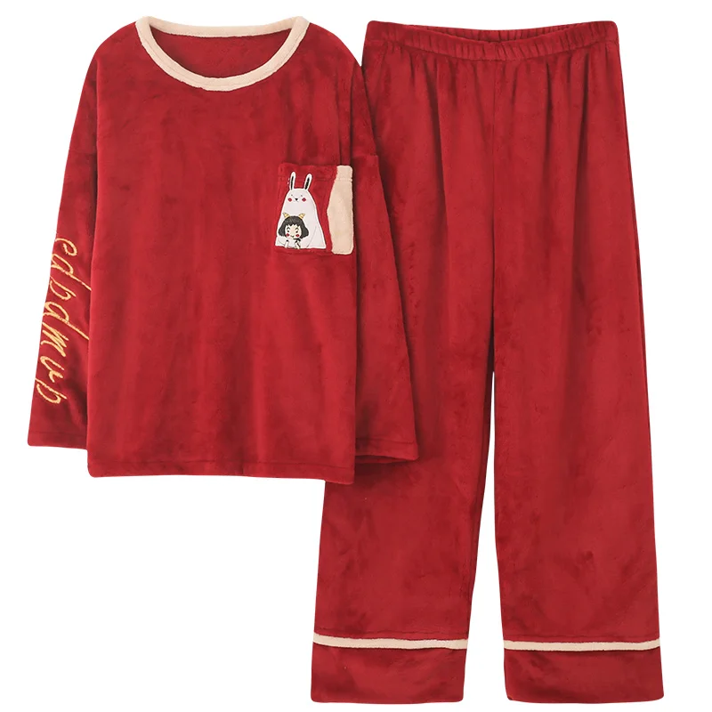 

Flannel 2 Piece Women Home Wear Winter Sleepwear Red Letter Embroidery Pullover Loose Size Korean Style Cozy Women Pajamas Set