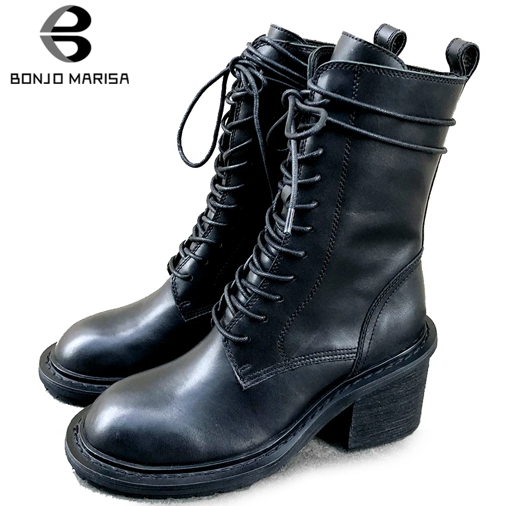 

BONJOMARISA New Elegant Brand Genuine Leather Boots Ladies lace-up Ankle Boots Women 2020 High Heels Shoes Woman