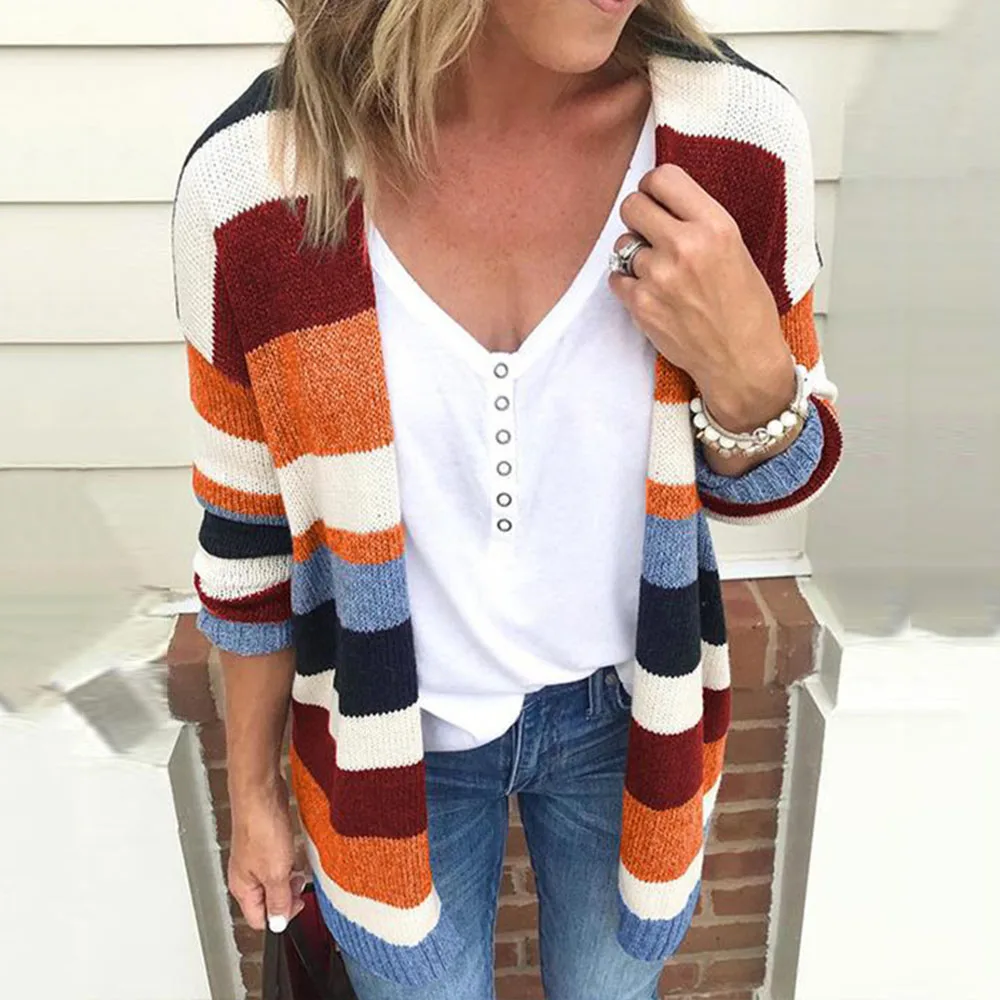 

Female Fall Color Block Loose Sweaters Autumn Spring Women's Long Sleeve Cardigan Sweater Bold Color Casual Cardigan High Street