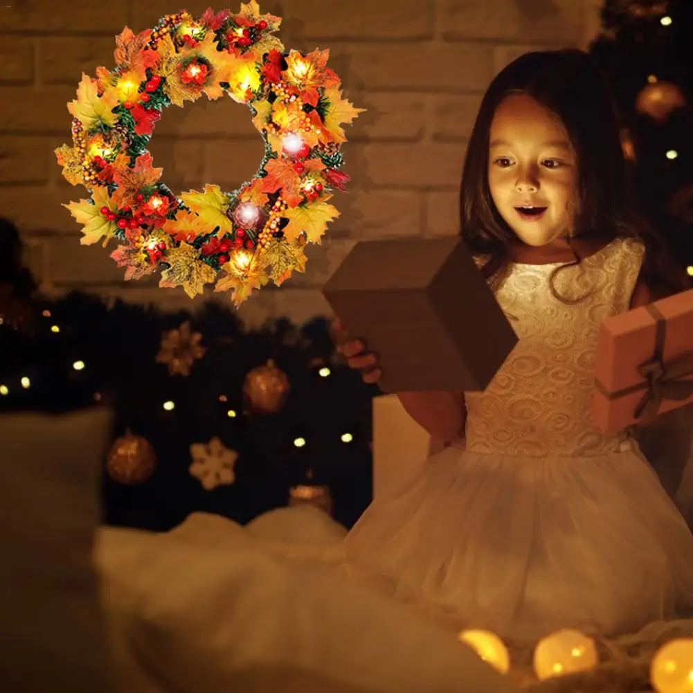 

40CM New Thanksgiving Autumn Maple Leaf PVC Wreath Ornament With LED Light For Christmas Home Wreath Decoration
