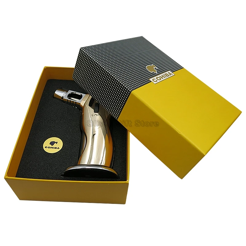 COHIBA металлическая хромированная сигарета Табак настольная Зажигалка одиночный фонарь струйный синий пламенный инструмент для курения ветрозащитная зажигалка многоразового использования