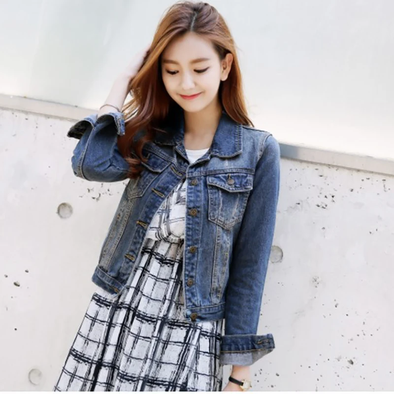 Женская джинсовая куртка синяя Повседневная однобортная Куртка Свободная