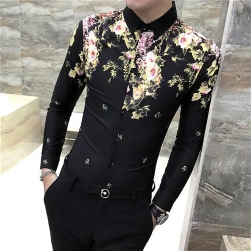 Social Men Club Prom Shirt Kemeja Pria Luxury Flower Printing Shirt Men Black White Long Sleeve Camisa Masculina Chemise Homme