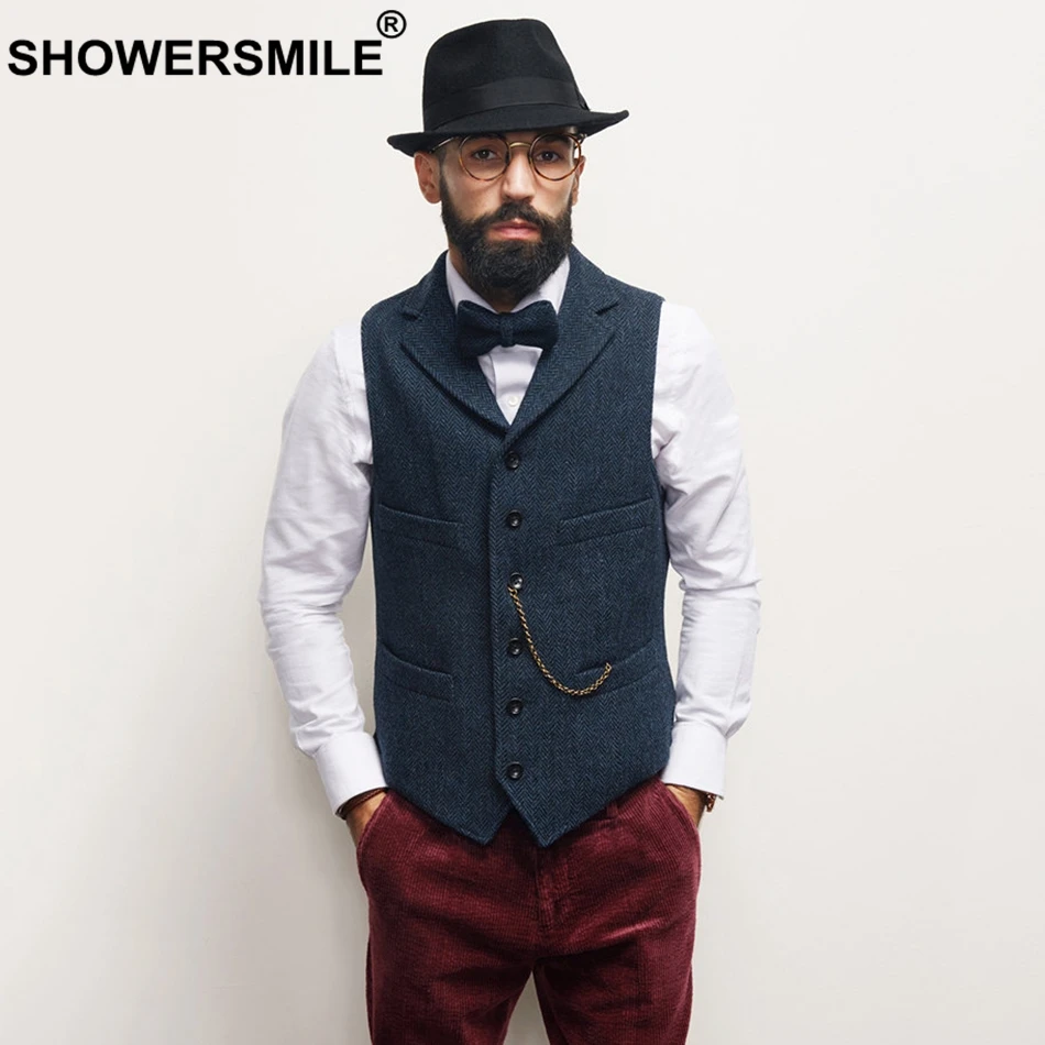 SHOWERSMILE твидовый жилет мужской жилет в елочку коричневый винтажный жакет без рукавов мужские карманы Ретро Тонкий Повседневный Осенний жилет