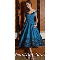 Mother Of The Bride Dresses Formal Tea Length A Line Off Shoulder V Neck With Black Appliques Cockail Party Evening Gowns платье