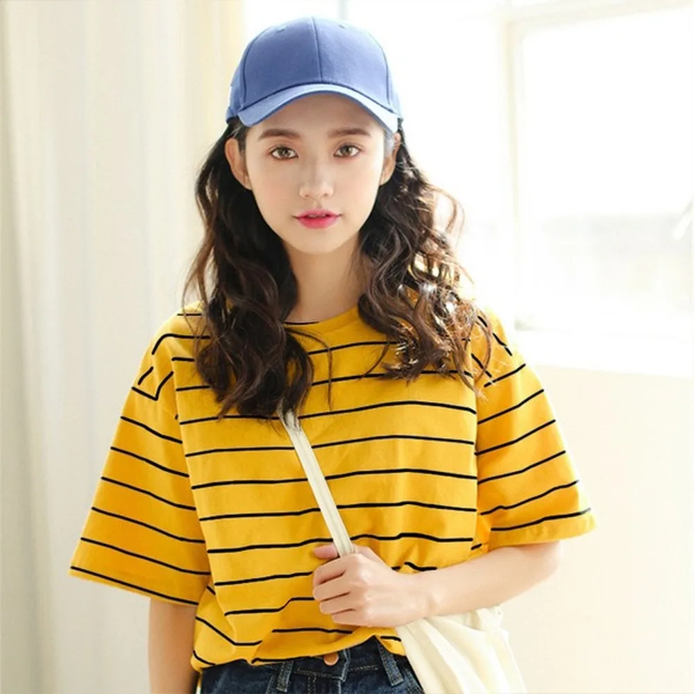 

Harajuku Vintage K Pop Ulzzang Girlfriends Stripe Printed T-Shirts 2019 Summer Women Casual Loose Short Sleeve Tee Tops Femme