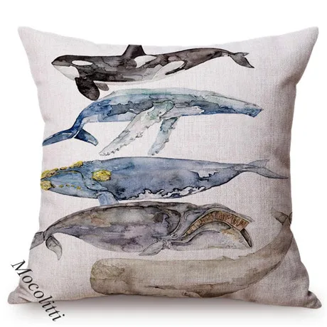 Blue Whale Style Ocean Animal Cushion Cover Water Color Painted Girls and Whale Dolphin Fairy Tales Decoration Sofa Pillow Cover 0097-15