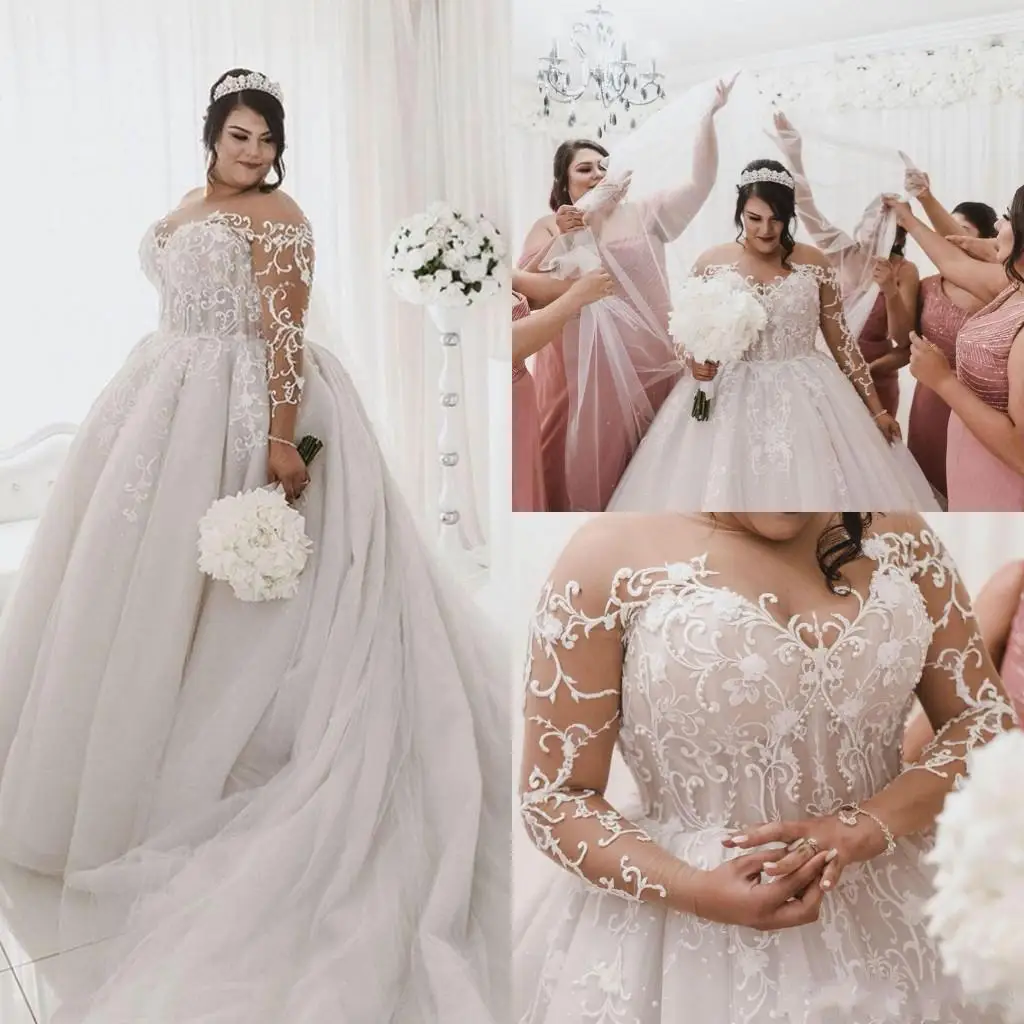 

Plus Size Sheer Jewel Neck Lace Applique Sweep Train Wedding Gowns Custom Made Bohemia Long Beach Bridal Dresses